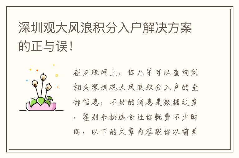 深圳觀大風(fēng)浪積分入戶解決方案的正與誤！