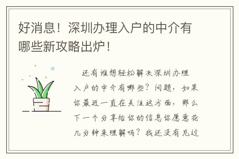 好消息！深圳辦理入戶的中介有哪些新攻略出爐！