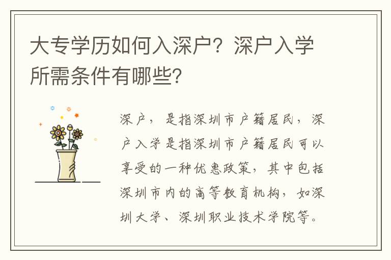 大專學(xué)歷如何入深戶？深戶入學(xué)所需條件有哪些？