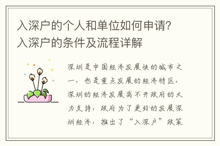 入深戶的個人和單位如何申請？入深戶的條件及流程詳解