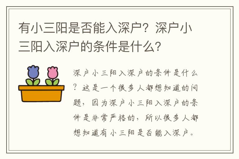 有小三陽是否能入深戶？深戶小三陽入深戶的條件是什么？