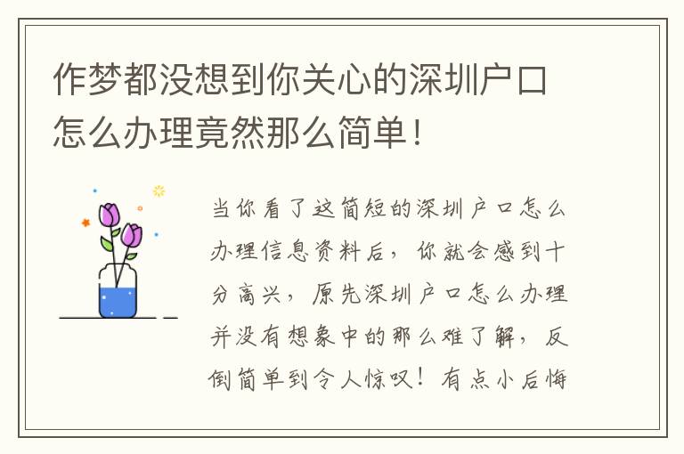 作夢都沒想到你關心的深圳戶口怎么辦理竟然那么簡單！