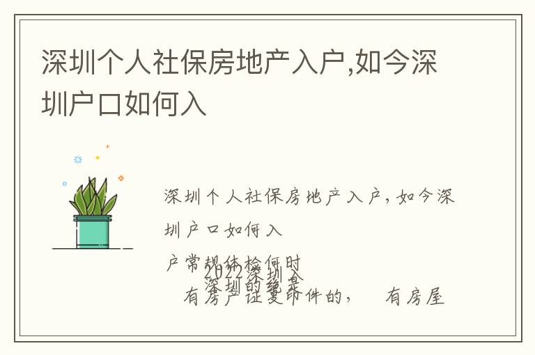 深圳個(gè)人社保房地產(chǎn)入戶,如今深圳戶口如何入