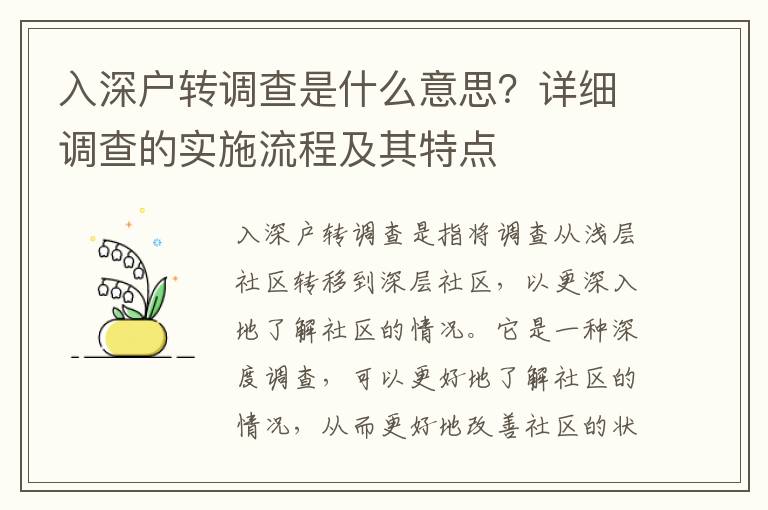 入深戶轉調查是什么意思？詳細調查的實施流程及其特點