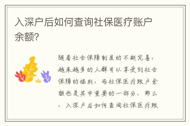 入深戶(hù)后如何查詢(xún)社保醫(yī)療賬戶(hù)余額？