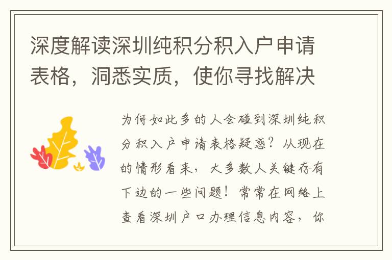 深度解讀深圳純積分積入戶申請(qǐng)表格，洞悉實(shí)質(zhì)，使你尋找解決困難通道