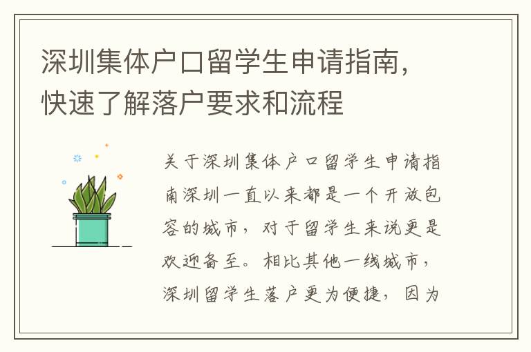 深圳集體戶口留學生申請指南，快速了解落戶要求和流程