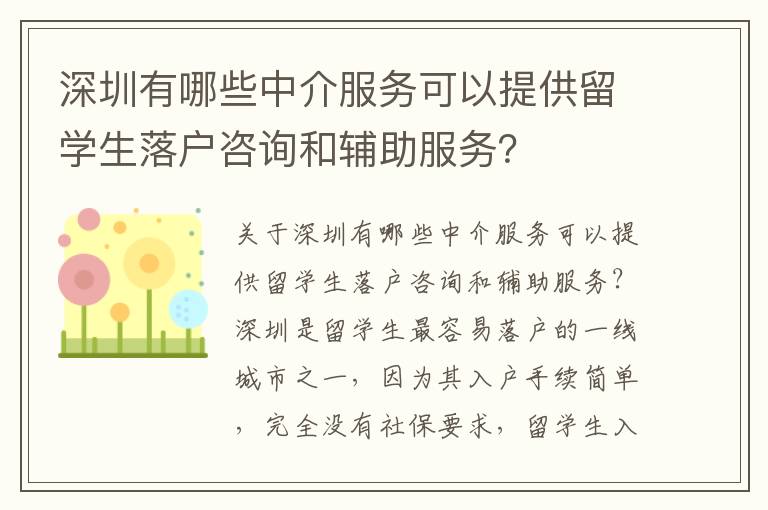 深圳有哪些中介服務可以提供留學生落戶咨詢和輔助服務？