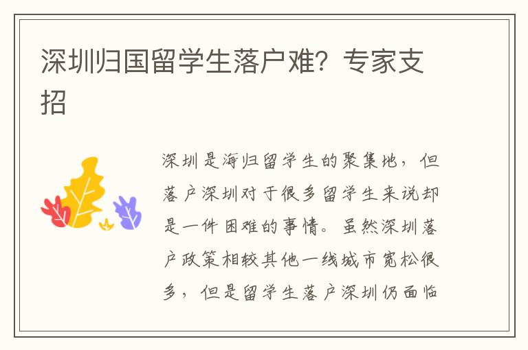 深圳歸國留學生落戶難？專家支招