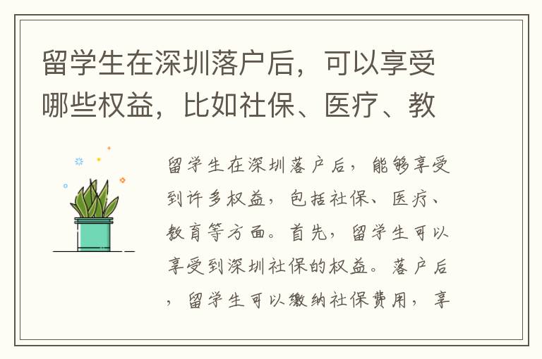 留學生在深圳落戶后，可以享受哪些權益，比如社保、醫療、教育等方面