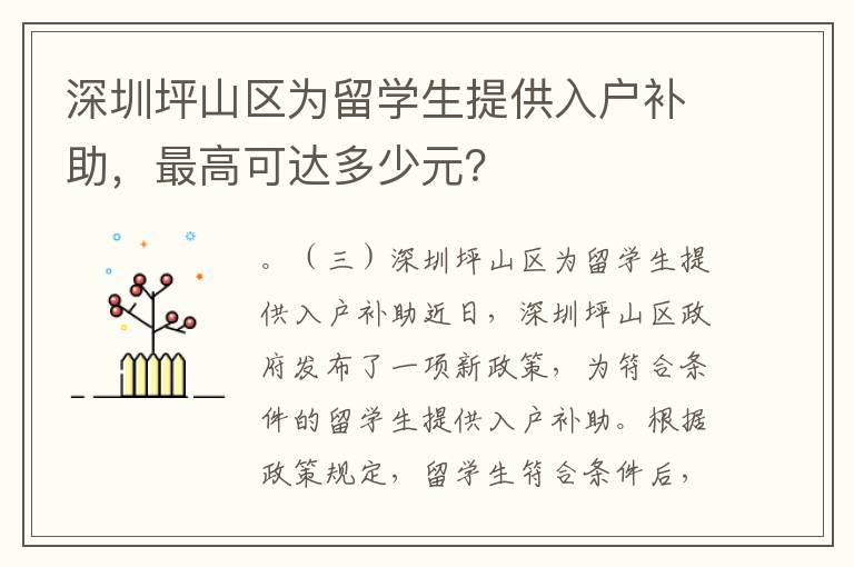 深圳坪山區為留學生提供入戶補助，最高可達多少元？