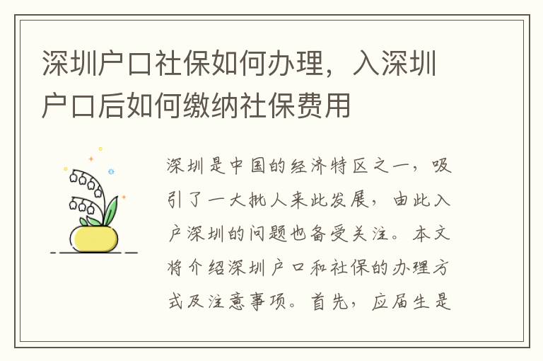 深圳戶口社保如何辦理，入深圳戶口后如何繳納社保費用