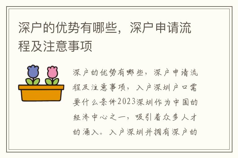 深戶的優(yōu)勢有哪些，深戶申請流程及注意事項