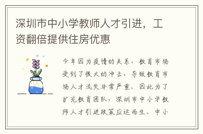 深圳市中小學教師人才引進,工資翻倍提供住房優惠