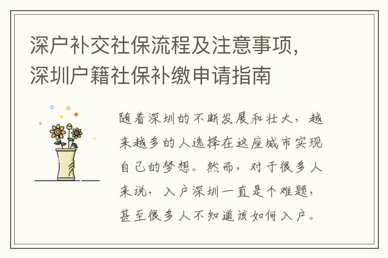 深戶補交社保流程及注意事項，深圳戶籍社保補繳申請指南