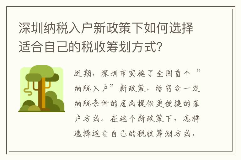 深圳納稅入戶新政策下如何選擇適合自己的稅收籌劃方式？